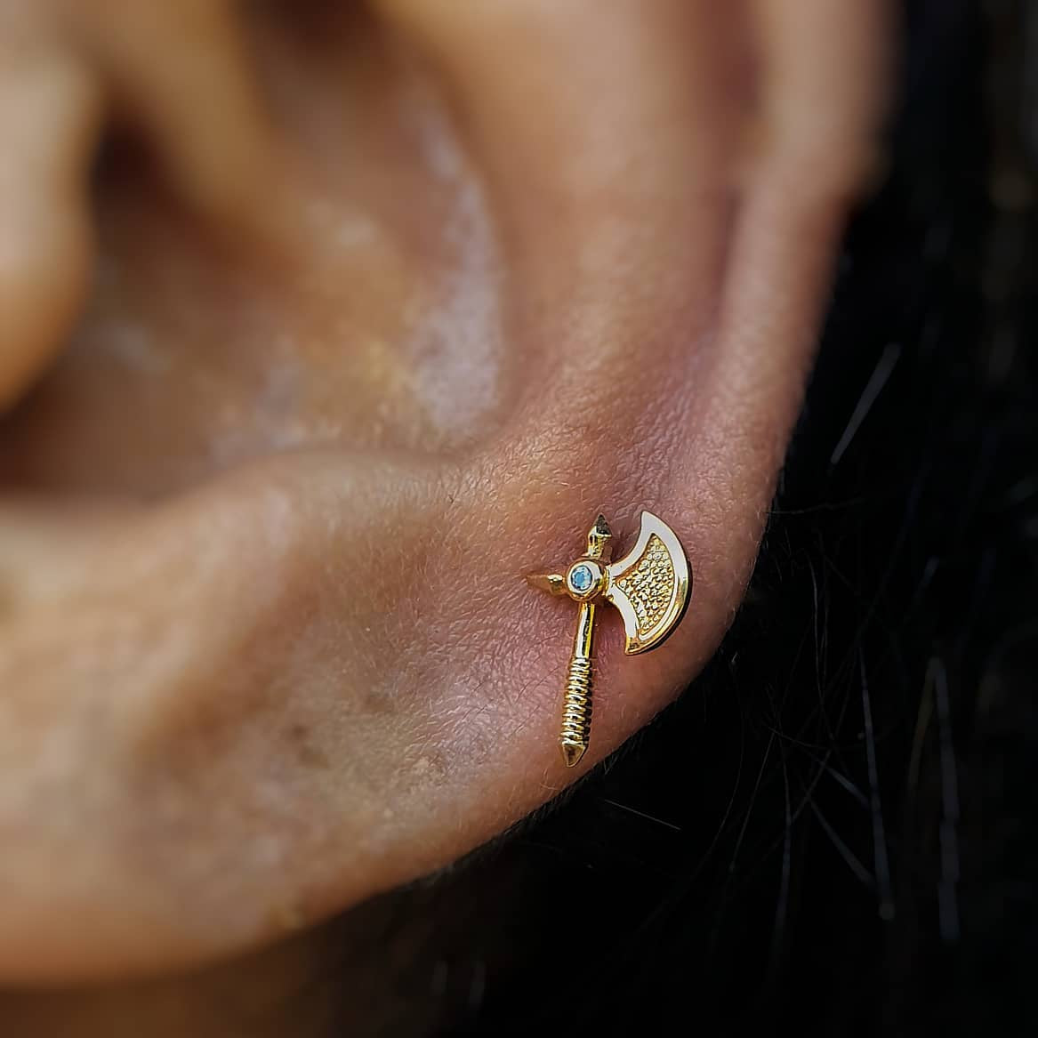 G23 Gold PVD Titanium Internally Threaded CZ Medieval Axe Labret