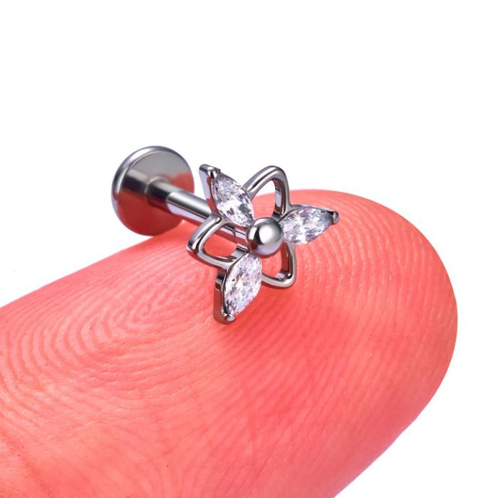 Steel Threadless Push In Triangle Marquise CZ Petal Tragus Labret