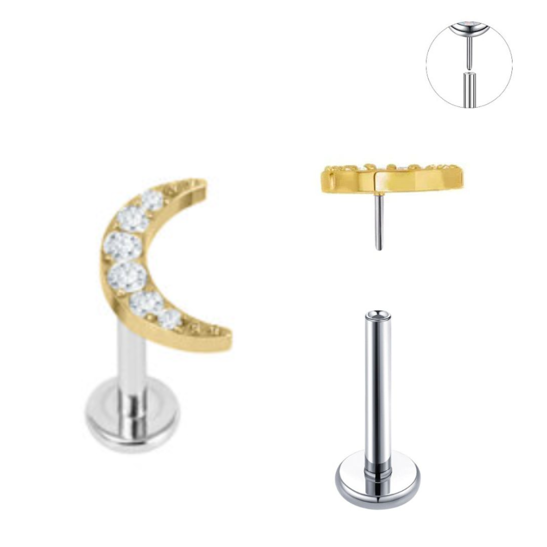 Gold Ion Plated Top Steel Threadless Push In CZ Moon Tragus Labret