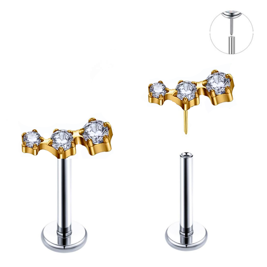 Gold Ion Plated Top Steel Threadless Push In Triple CZ Tragus Labret