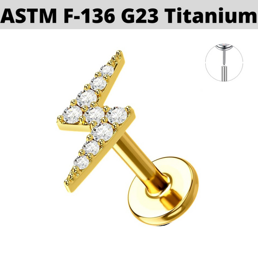 G23 Gold PVD Titanium Threadless Push In CZ Lightning Bolt Labret Tragus