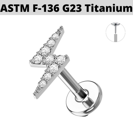 G23 Titanium Threadless Push In CZ Lightning Bolt Labret Tragus