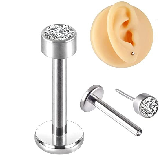 G23 Titanium Threadless Push In Flat CZ Labret Tragus