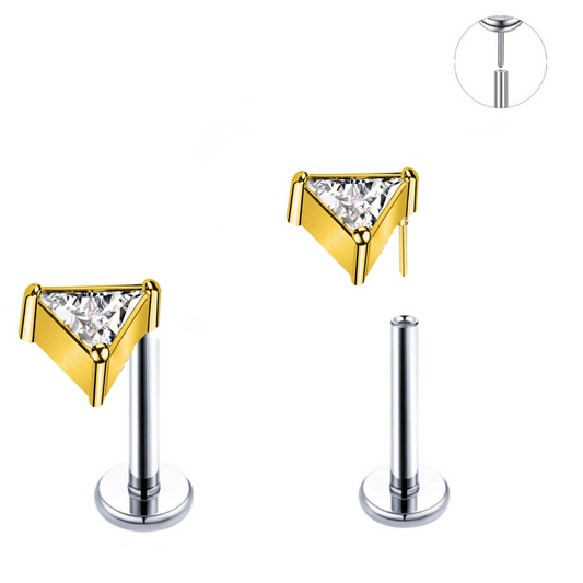 Gold Ion Plated Top Steel Threadless Push In Triangle CZ Tragus Labret