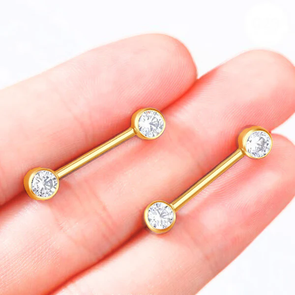 G23 Internally Threaded Gold PVD Titanium Flat Bezel Set CZ Front Facing Barbell