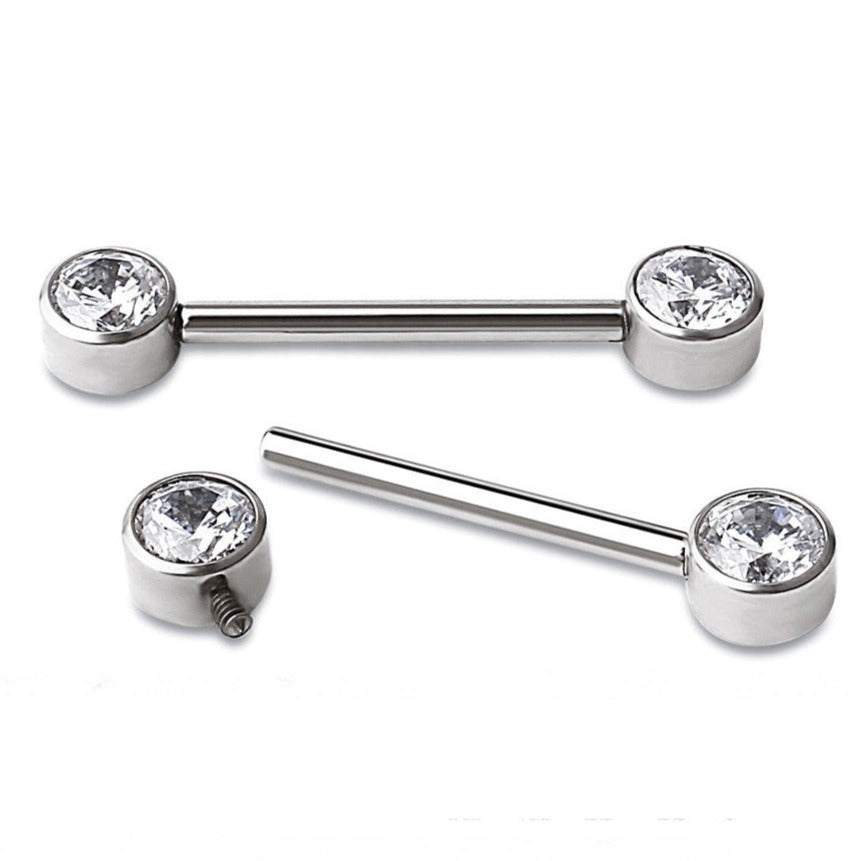 G23 Internally Threaded Titanium Flat Bezel Set CZ Front Facing Barbell