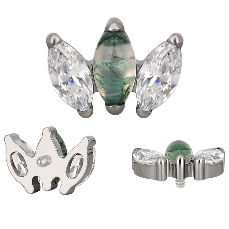 G23 Titanium Moss Agate Marquise CZ Fan Internally Threaded Top