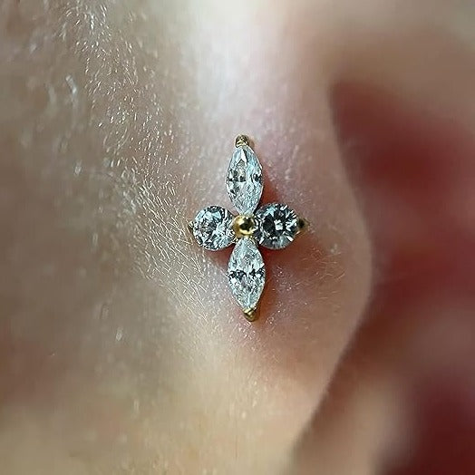 Gold Ion Plated Steel Threadless Push In Marquise CZ Long Flower Labret