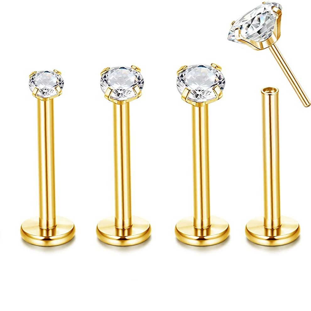 18G Gold Ion Plated Threadless Push CZ Prong Set Tragus Labret
