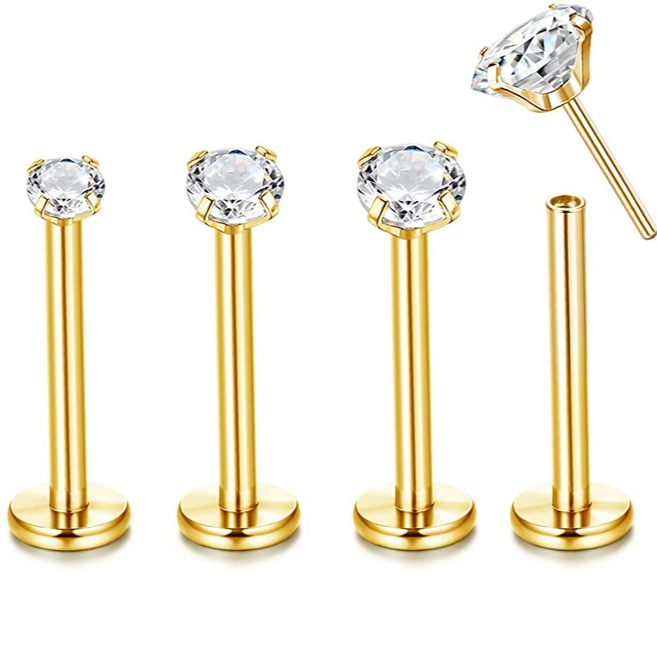 G23 Gold PVD Titanium Prong Set CZ Threadless Push In Labret