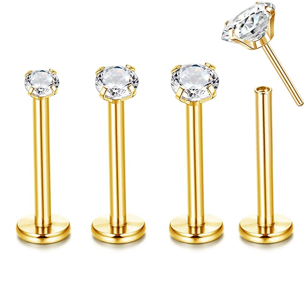 20G Gold Ion Plated Threadless Push CZ Prong Set Tragus Labret