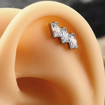 Steel Threadless Push In 3 Slanted Baguette CZ Labret