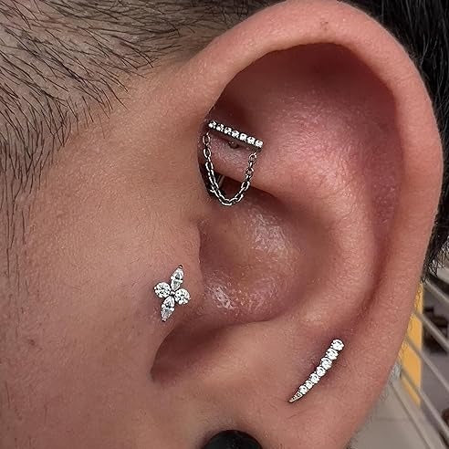 G23 Titanium Threadless Push In Marquise CZ Long Flower Labret