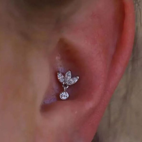 Steel Threadless Push In 3 Marquise Fan Dangle Crystal Bead Tragus Labret