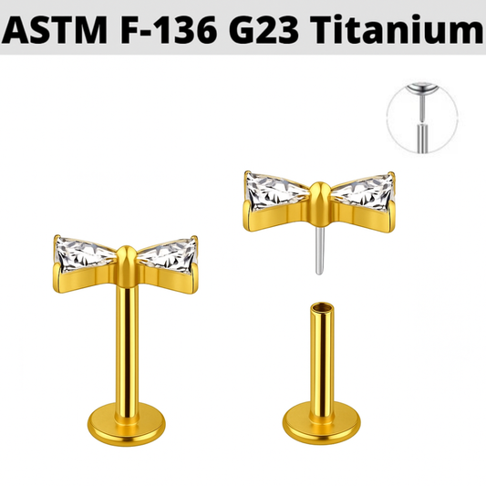 G23 Gold PVD Titanium Threadless Push In Triangle CZ Bow Tie Labret