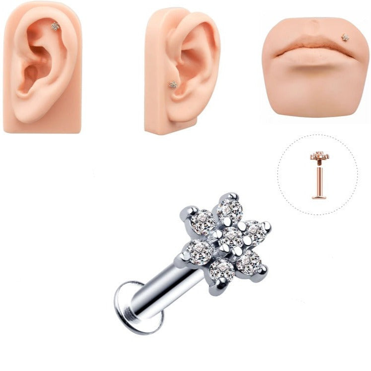 G23 Titanium Internally Threaded Prong Set CZ Sunflower Tragus Labret