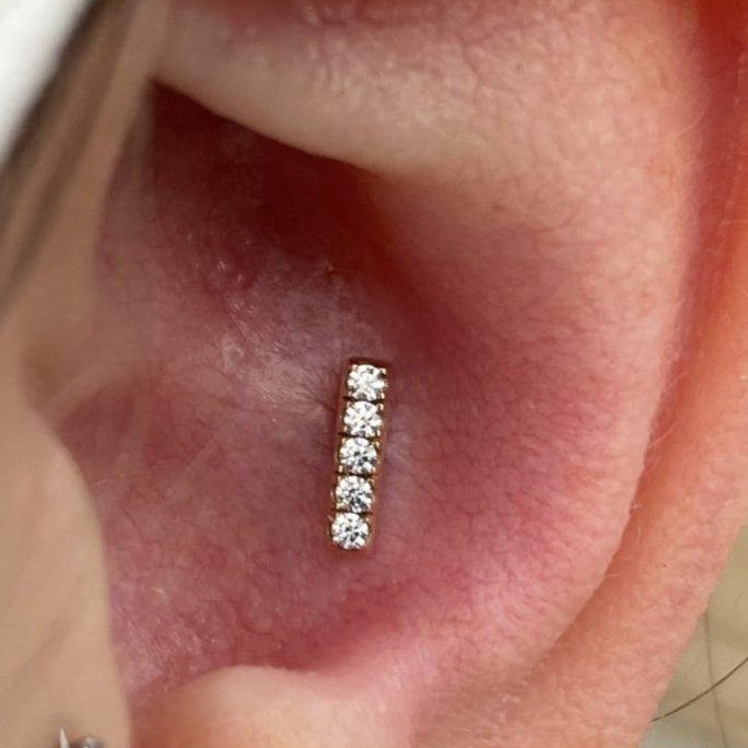 Gold Ion Plated Steel Threadless Push In 5 CZ Straight Bar Tragus Labret