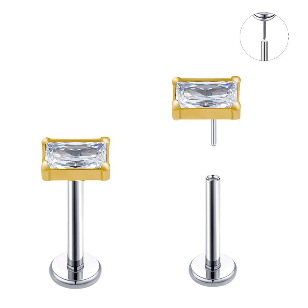 Gold Ion Plated Top Steel Threadless Push In Rectangular Baguette CZ Labret