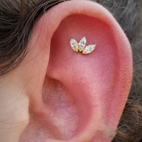 14K Gold 16G Internally Threaded 3 Marquise CZ Labret