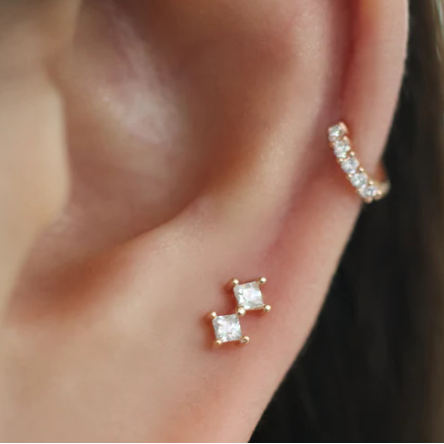 G23 Gold PVD Titanium Threadless Push In Double Princess CZ Labret
