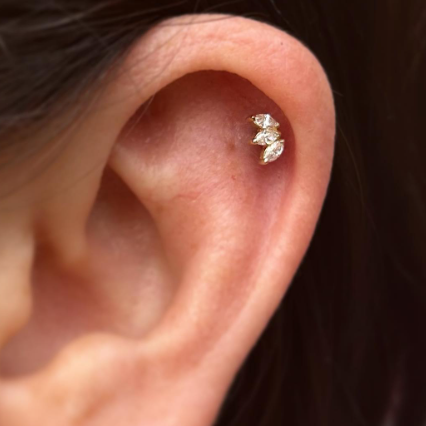 G23 Gold PVD Titanium Threadless Push In 3 Marquise Fan CZ Tragus Labret