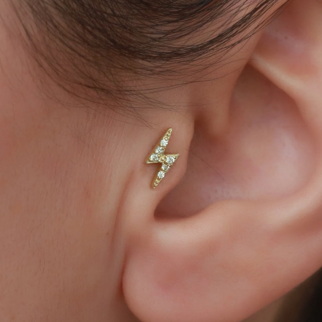 G23 Gold PVD Titanium Threadless Push In CZ Lightning Bolt Labret Tragus