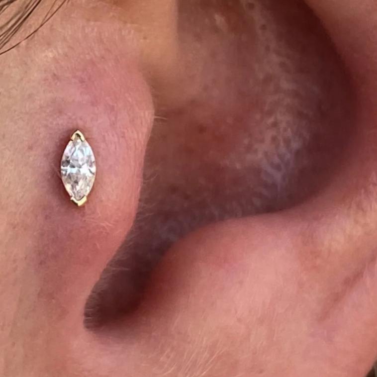 Gold Ion Plated Steel Threadless Push In Marquise CZ Labret