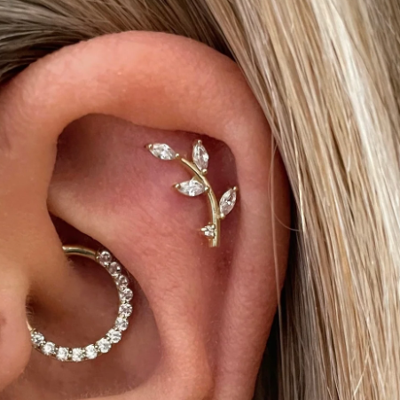 Gold Ion Plated Steel Threadless Push In 5 CZ Leaf Tragus Labret