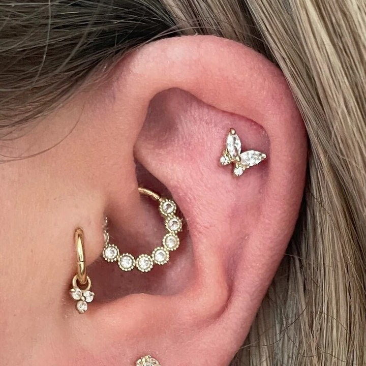 G23 Titanium Internally Threaded CZ Butterfly Tragus Labret