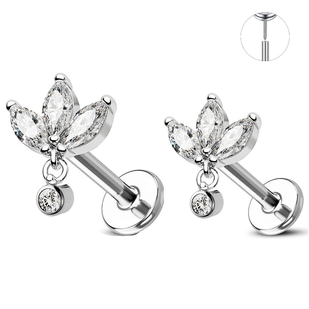 Steel Threadless Push In 3 Marquise Fan Dangle CZ Tragus Labret