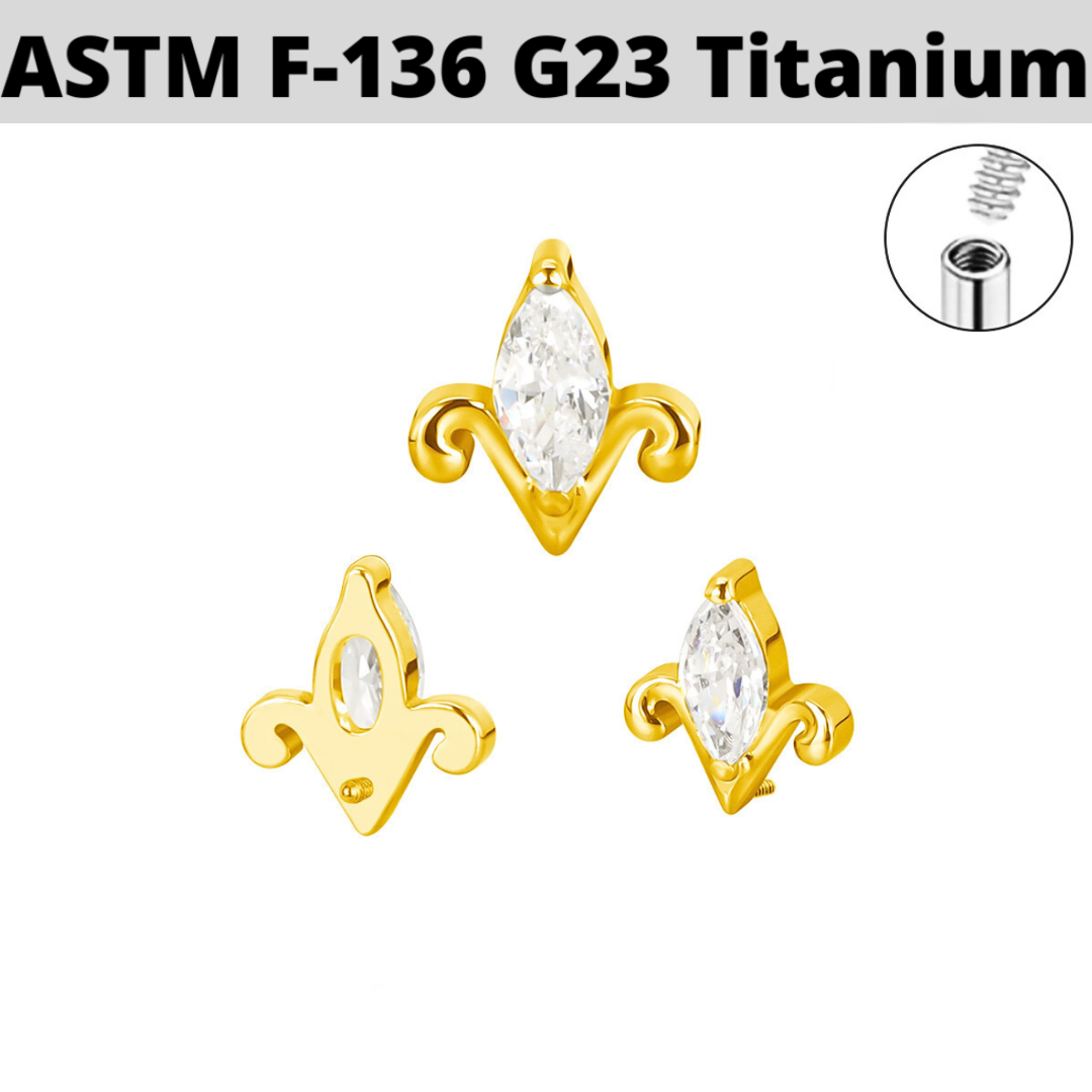 G23 Gold PVD Titanium Internally Threaded Marquise CZ Fleur De Lis Top