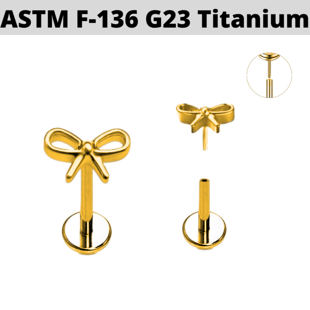 G23 Gold PVD Titanium Threadless Push In 3D Ribbon Bow Labret