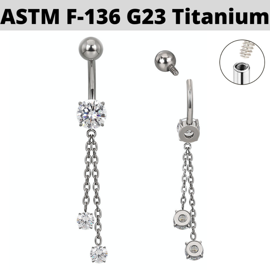G23 Titanium Internally Threaded CZ Double Chains Dangle Belly Ring