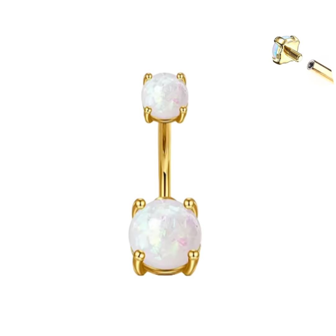 Internally Threaded Gold Steel Double Prong Set Opal Ion Plated Belly Ring