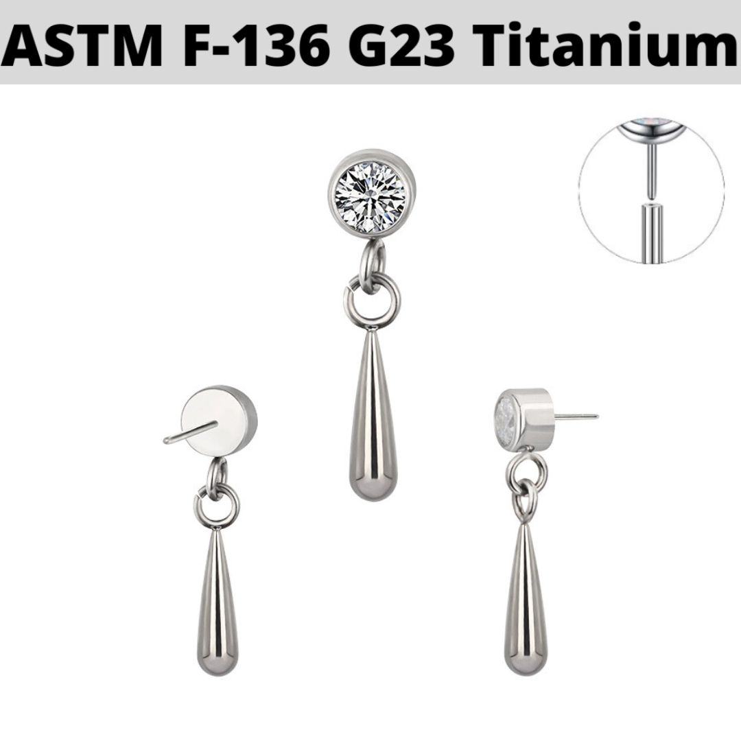 G23 Titanium Threadless Push In Bezel Set CZ Dangle Teardrop Top