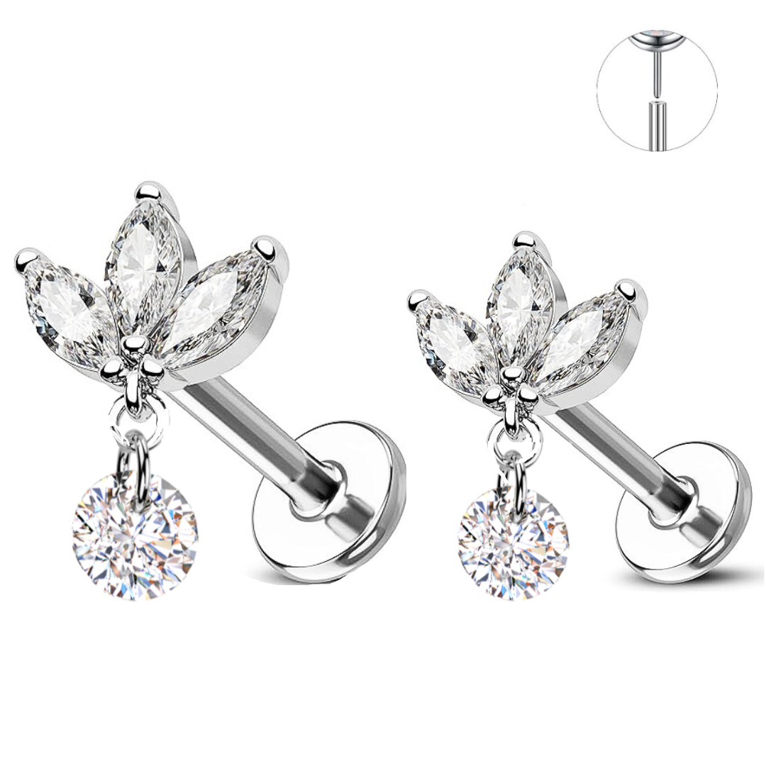 Steel Threadless Push In 3 Marquise Fan Dangle Crystal Bead Tragus Labret