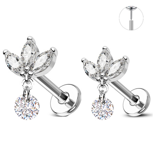 Steel Threadless Push In 3 Marquise Fan Dangle Crystal Bead Tragus Labret