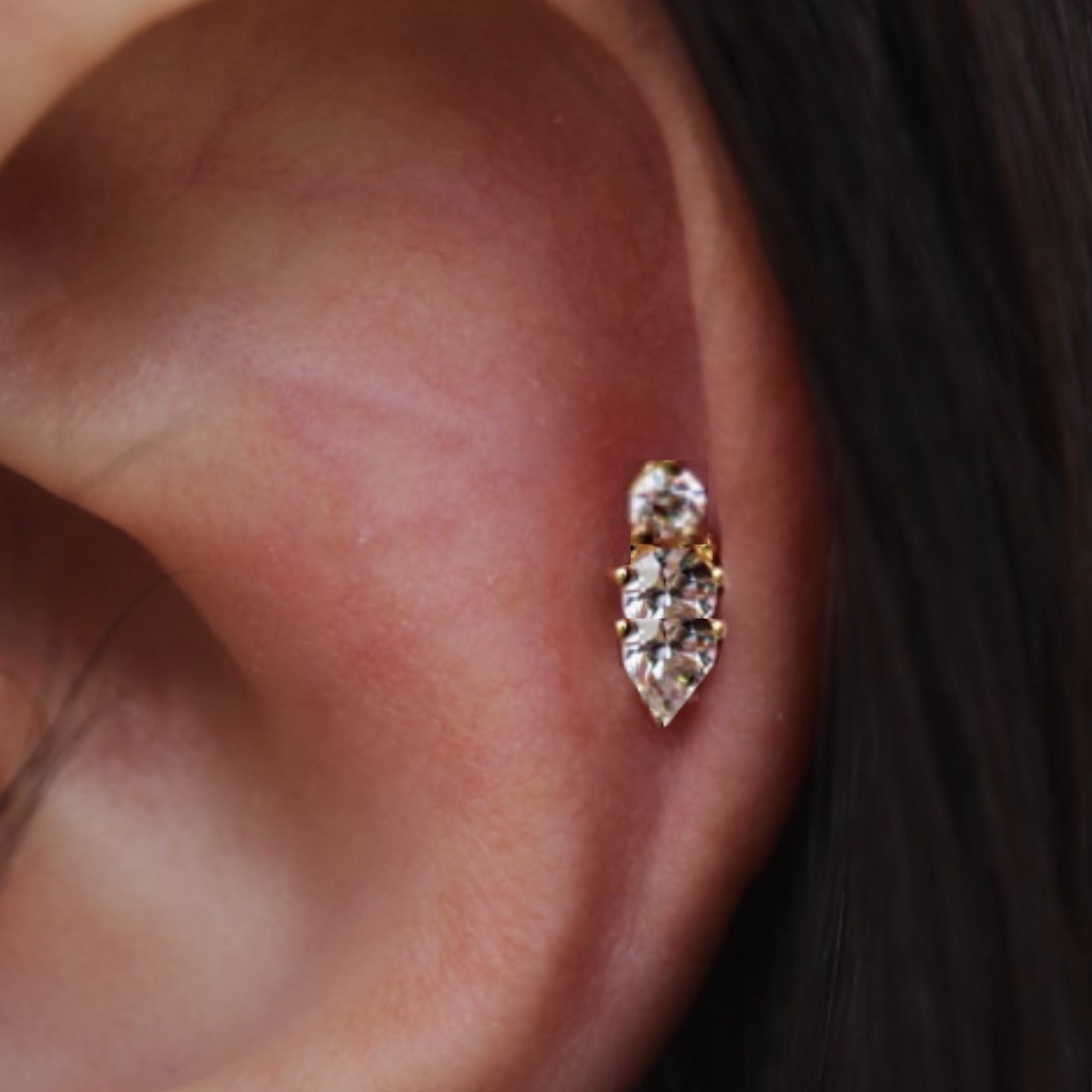 G23 Gold PVD Titanium Threadless Push In Heart Princess CZ Trio Labret