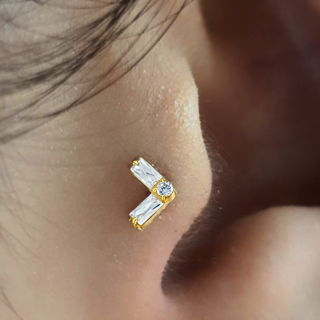 G23 Gold PVD Titanium Internally Threaded Chevron Baguette CZ Tragus Labret