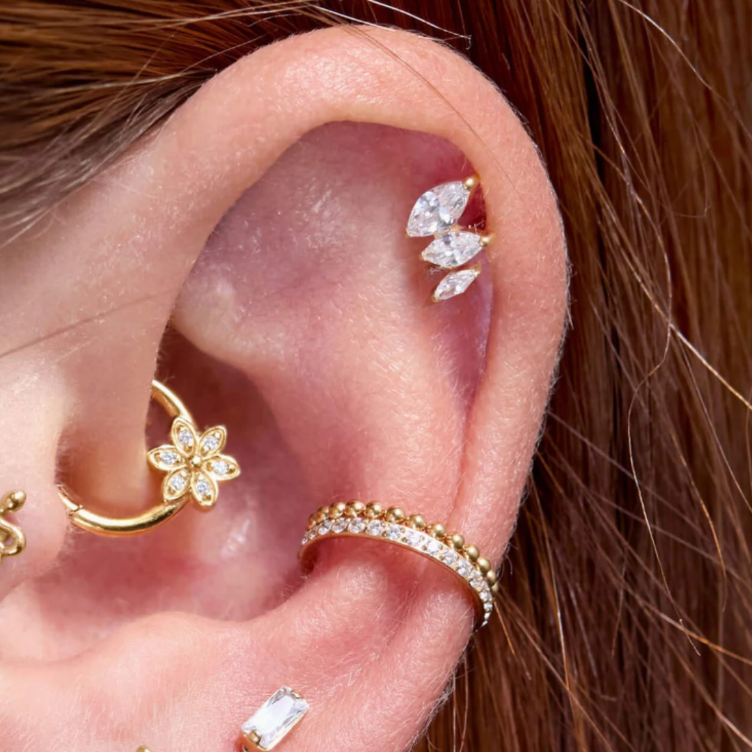 Gold Ion Plated Steel Threadless Push In Triple Graduated Marquise CZ Labret