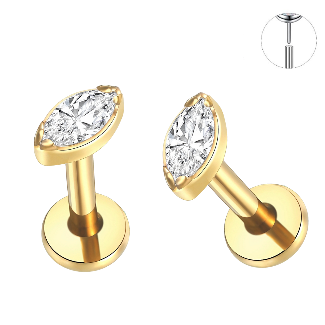 Gold Ion Plated Steel Threadless Push In Marquise CZ Labret – APM