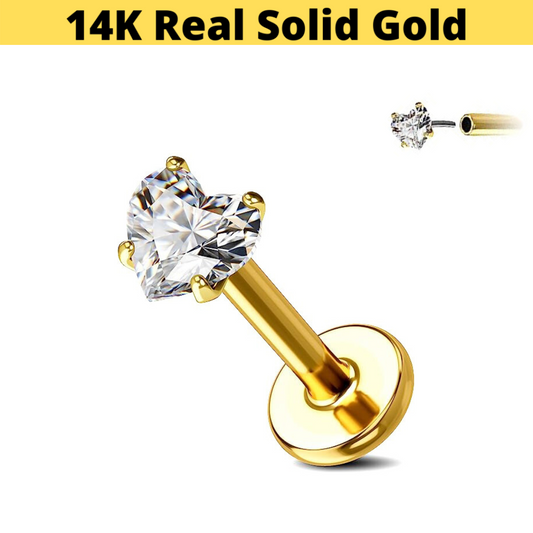 14K Gold 16G Threadless Push Prong Set Heart CZ Labret