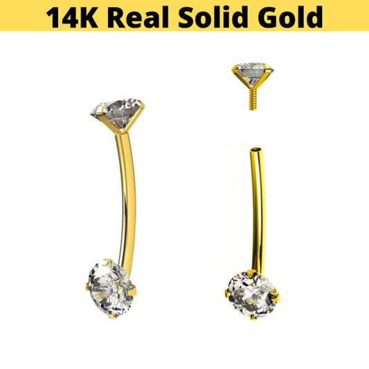 14K Gold 16G Internally Threaded 3mm CZ Curved Barbell