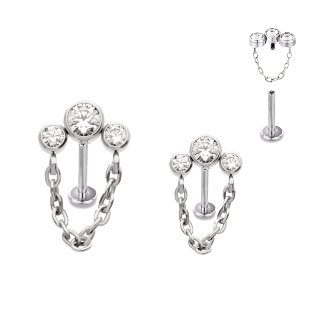Internally Threaded Steel 3 CZ Cluster Chain Labret