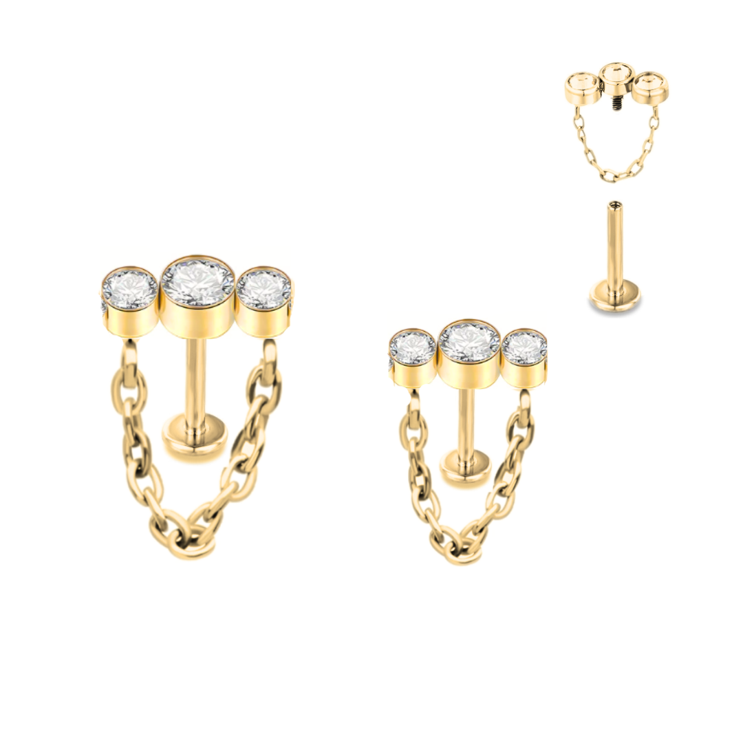 Internally Threaded Gold Steel Ion Plated 3 CZ Cluster Chain Labret