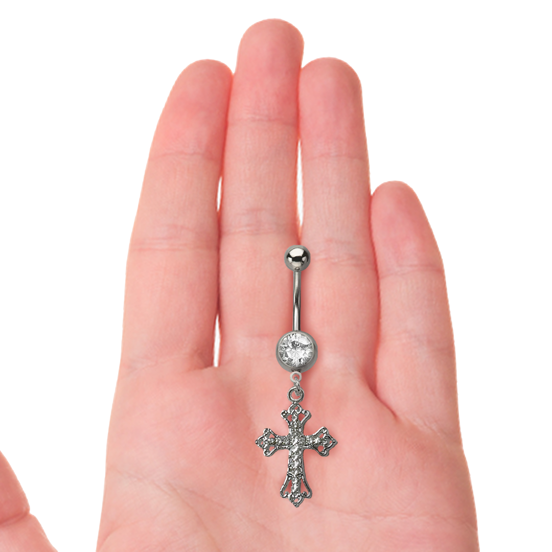 Gothic Fancy Cross Paved CZ Dangle Belly Ring