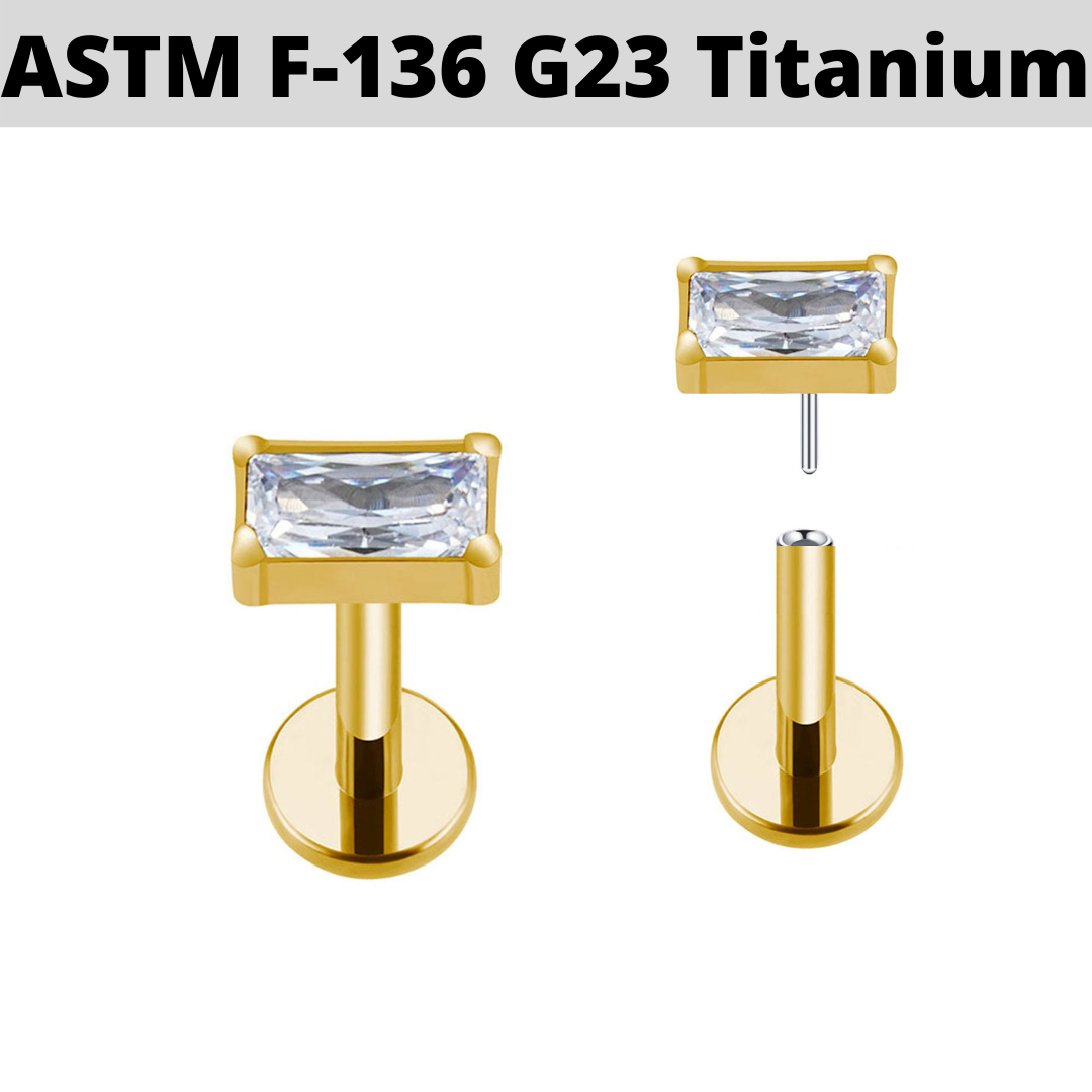 G23 Gold PVD Titanium Threadless Push In Rectangular CZ Tragus Labret