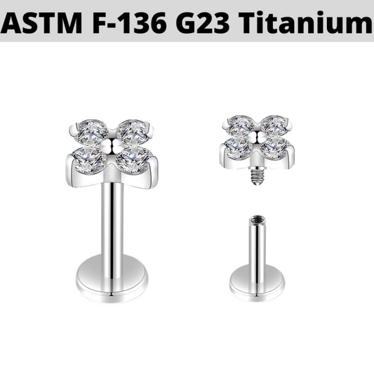 G23 Titanium Internally Threaded 4 CZ Clover Leaf Tragus Labret