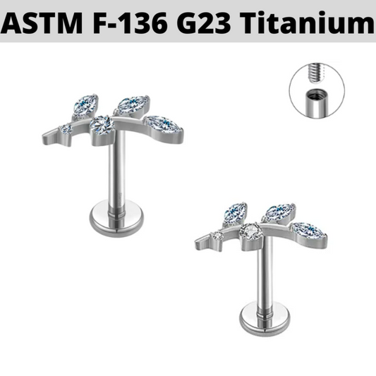 G23 Titanium Internally Threaded 5 CZ Leaf Tragus Labret