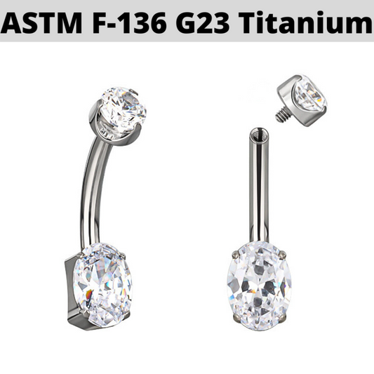 G23 Titanium Internally Threaded Prong Set Oval CZ Belly Ring